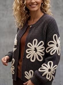 Holdful Holdful Women's 3D Floral Pattern Casual Daily Cardigan - Grey - View 3