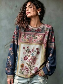 Breezaya Kaos Kasual Motif Bunga Ukuran Besar untuk Musim Gugur - MultiWarna - View 3