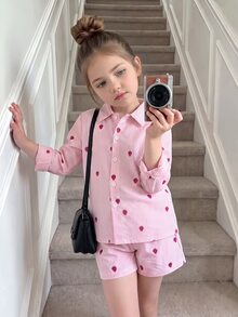 SHEIN Elladie kids 2件組少女拼接對比色不對稱領長袖白色襯衫，附背部蝴蝶結與拼接長褲，返校生日穿搭 - 彩色 - 查看 2