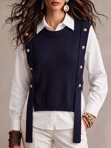 GlowEve Atasan Rajut Wanita Warna Polos Leher Bulat Kasual Serbaguna untuk Pemakaian Sehari-hari - Navy Blue - View 1