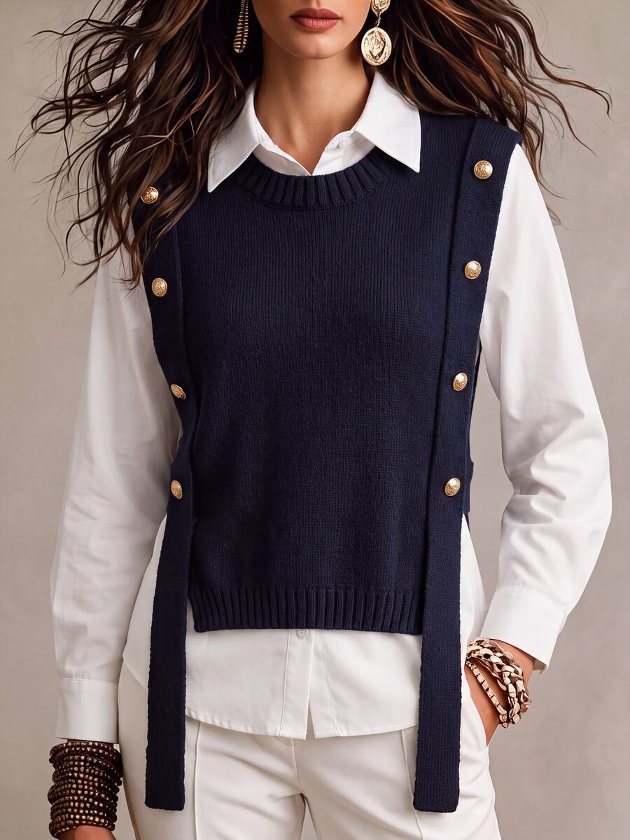 GlowEve Atasan Rajut Wanita Warna Polos Leher Bulat Kasual Serbaguna untuk Pemakaian Sehari-hari - Navy Blue - View 1