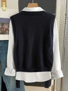 GlowEve Atasan Rajut Wanita Warna Polos Leher Bulat Kasual Serbaguna untuk Pemakaian Sehari-hari - Navy Blue - View 2