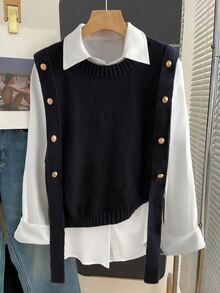 GlowEve Atasan Rajut Wanita Warna Polos Leher Bulat Kasual Serbaguna untuk Pemakaian Sehari-hari - Navy Blue - View 3