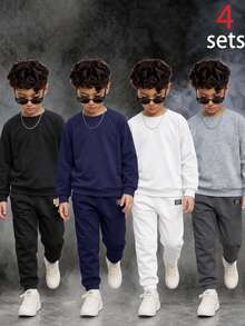 SHEIN 4件組兒童青少年男孩休閒運動學院風純色保暖內裡長袖運動衫 多件裝 適合通勤上學日常休閒外出運動 秋冬款 - 彩色 - 查看 3