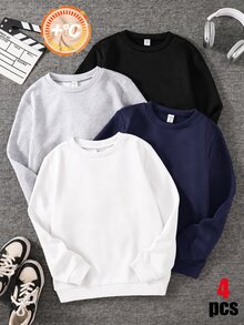 SHEIN 4件組兒童青少年男孩休閒運動學院風純色保暖內裡長袖運動衫 多件裝 適合通勤上學日常休閒外出運動 秋冬款 - 彩色 - 查看 2