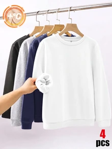 SHEIN 4件組兒童青少年男孩休閒運動學院風純色保暖內裡長袖運動衫 多件裝 適合通勤上學日常休閒外出運動 秋冬款 - 彩色 - 查看 5
