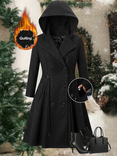 SHEIN Clasi Abrigo largo con capucha de doble botonadura, moda de otoño, talla grande, formal de oficina, negro elegante y sofisticado, invierno