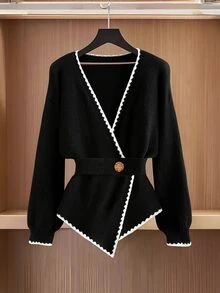 Qadelle Women's Dropped Shoulder Long Sleeve Asymmetrical Hem Casual Cardigan - Black - View 3