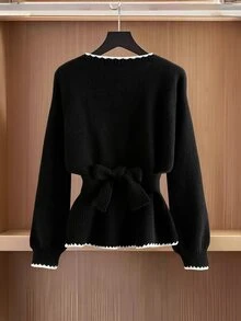 Qadelle Women's Dropped Shoulder Long Sleeve Asymmetrical Hem Casual Cardigan - Black - View 2