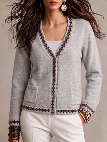 Balvessa Women's Autumn/Winter Casual Colorblock Trim Cardigan - Grey - View 1