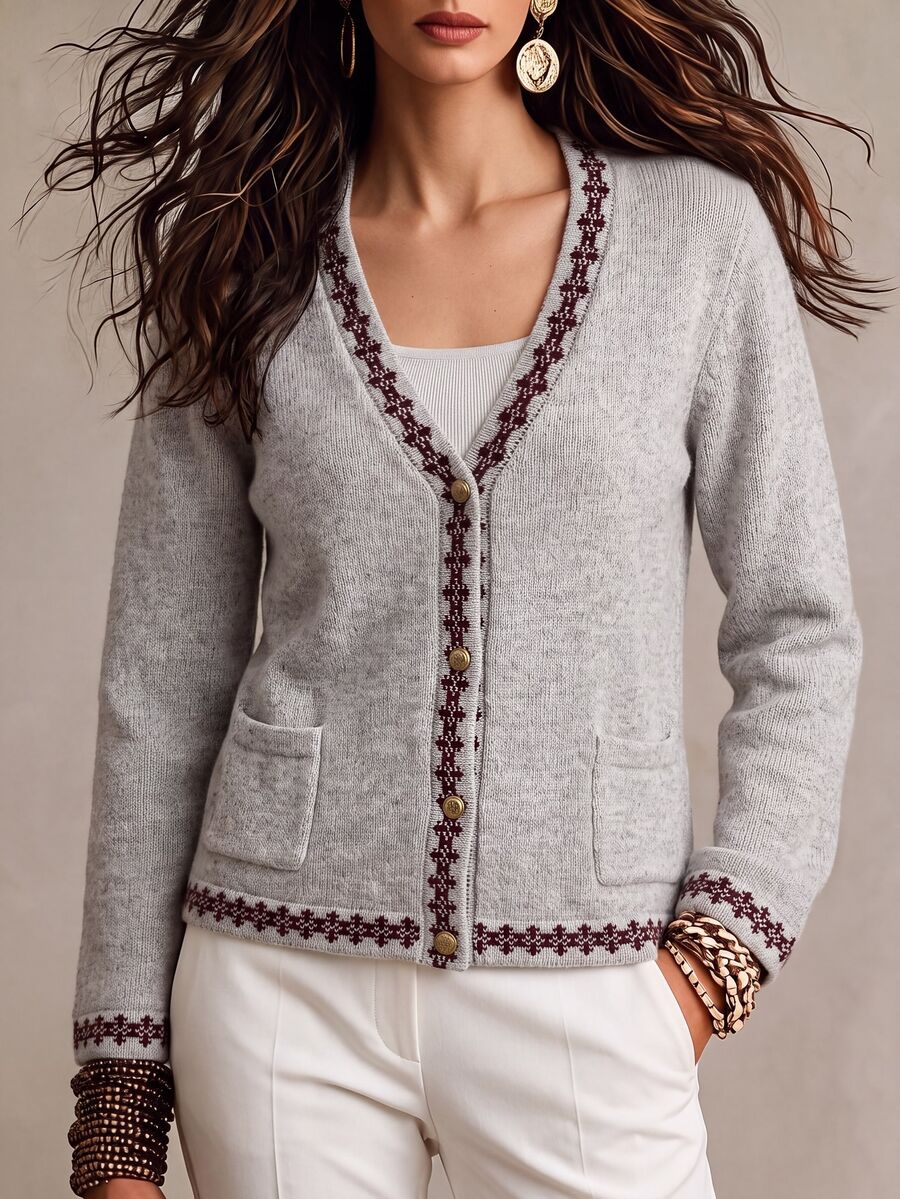 Balvessa Women's Autumn/Winter Casual Colorblock Trim Cardigan - Grey - View 1