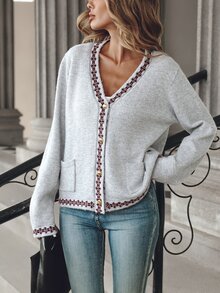 Balvessa Women's Autumn/Winter Casual Colorblock Trim Cardigan - Grey - View 5