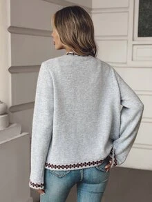 Balvessa Women's Autumn/Winter Casual Colorblock Trim Cardigan - Grey - View 2