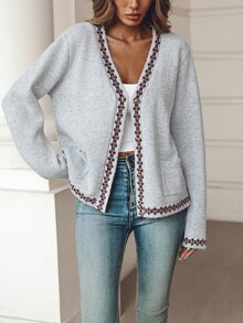 Balvessa Women's Autumn/Winter Casual Colorblock Trim Cardigan - Grey - View 6