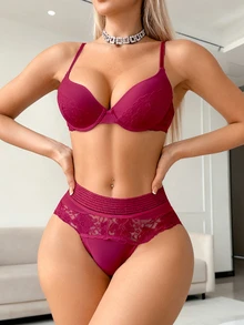 2pcs/Set Lace Patchwork Women's Underwire Bra Set - Burgundy - View 3