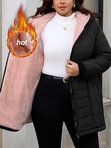 SHEIN Clasi 大尺碼黑色連帽拉鍊加厚棉襖外套，適合辦公室、夜店、家庭度假，冬季休閒寬鬆款 - 黑色 - 查看 12