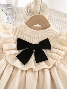 SHEIN Kids Young Girl Knit Round Neck Ruffle Hem Casual 3D Colorblock Bowknot Sweater Autumn Winter Dress - Multicolor - View 6