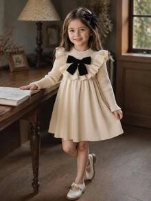 SHEIN Kids Young Girl Knit Round Neck Ruffle Hem Casual 3D Colorblock Bowknot Sweater Autumn Winter Dress - Multicolor - View 1
