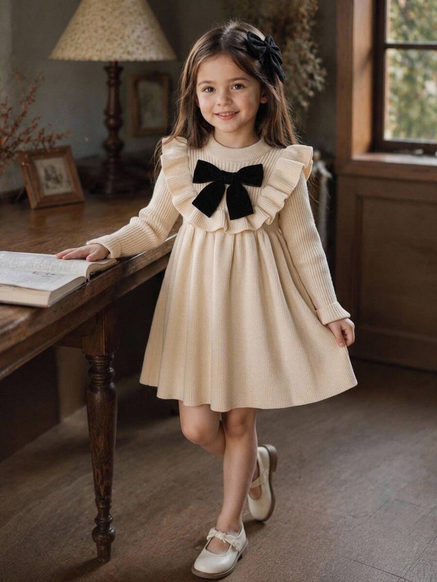 SHEIN Kids Young Girl Knit Round Neck Ruffle Hem Casual 3D Colorblock Bowknot Sweater Autumn Winter Dress - Multicolor - View 1