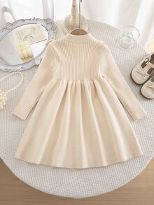 SHEIN Kids Young Girl Knit Round Neck Ruffle Hem Casual 3D Colorblock Bowknot Sweater Autumn Winter Dress - Multicolor - View 5