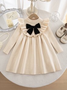 SHEIN Kids Young Girl Knit Round Neck Ruffle Hem Casual 3D Colorblock Bowknot Sweater Autumn Winter Dress - Multicolor - View 4