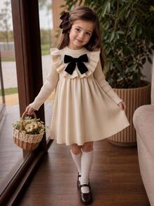 SHEIN Kids Young Girl Knit Round Neck Ruffle Hem Casual 3D Colorblock Bowknot Sweater Autumn Winter Dress - Multicolor - View 8