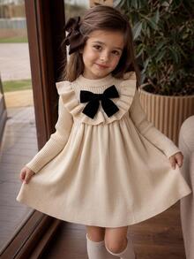 SHEIN Kids Young Girl Knit Round Neck Ruffle Hem Casual 3D Colorblock Bowknot Sweater Autumn Winter Dress - Multicolor - View 2