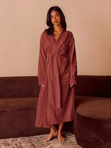 Athîral Women's Patchwork Frill Trim Long Sleeve Casual Loungewear Robe - Burgundy - View 3