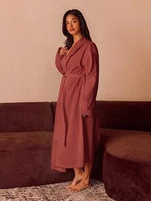Athîral Women's Patchwork Frill Trim Long Sleeve Casual Loungewear Robe - Burgundy - View 4