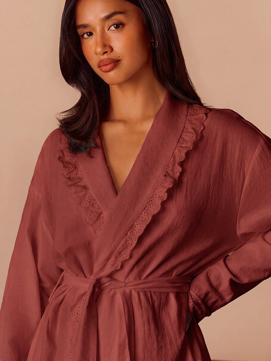 Athîral Women's Patchwork Frill Trim Long Sleeve Casual Loungewear Robe - Burgundy - View 1