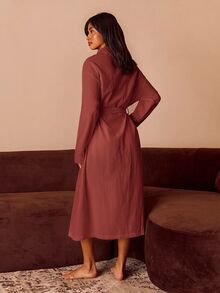 Athîral Women's Patchwork Frill Trim Long Sleeve Casual Loungewear Robe - Burgundy - View 2