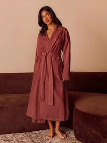 Athîral Women's Patchwork Frill Trim Long Sleeve Casual Loungewear Robe - Burgundy - View 5