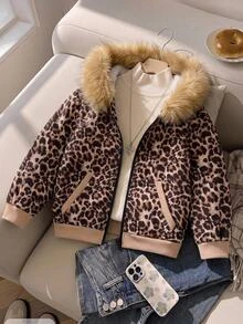 SHEIN جاكيت بقلنسوة بطبعة نمر للفتيات الصغيرات - متعدد الألوان - مشاهدة 1