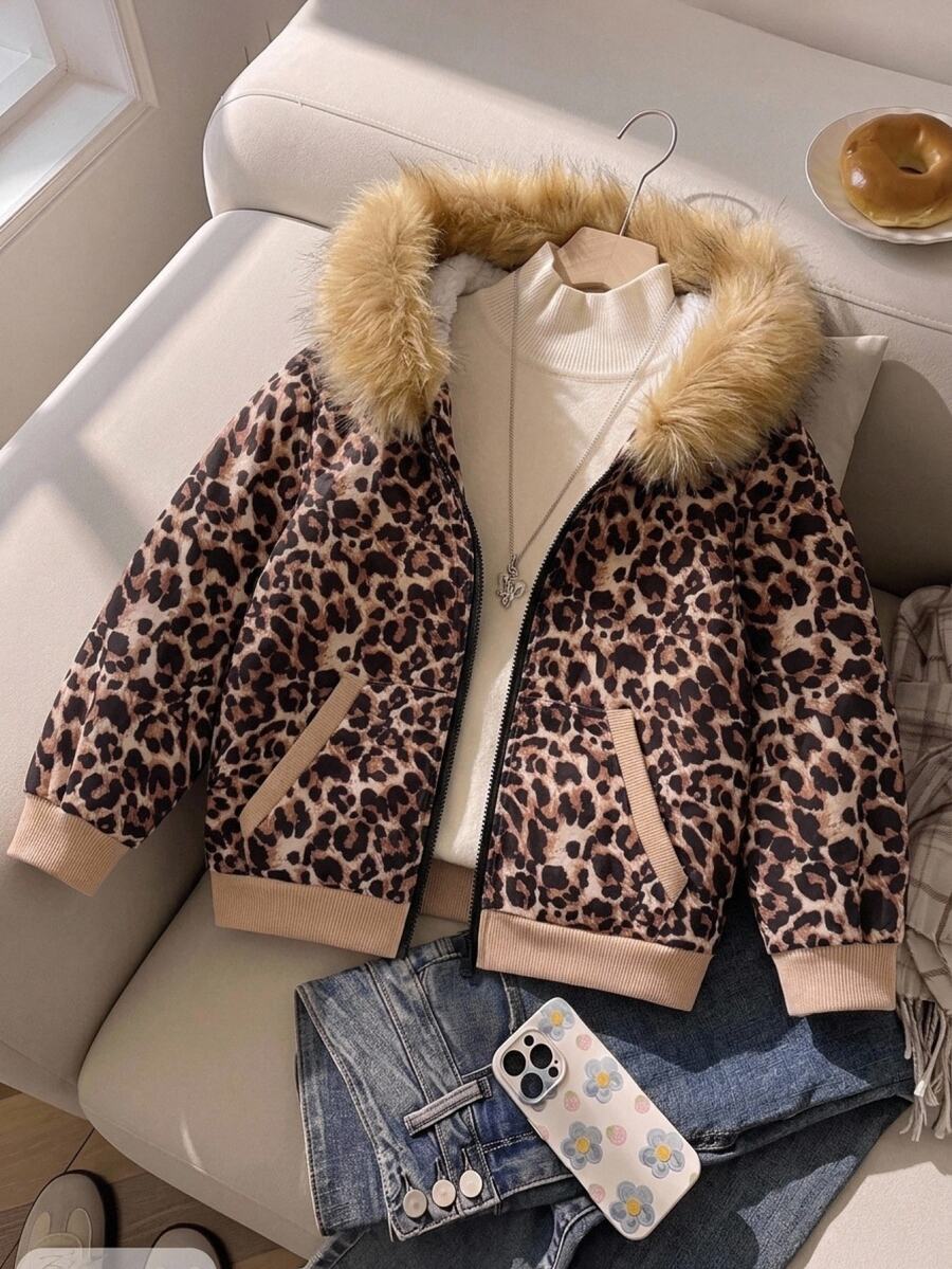 SHEIN جاكيت بقلنسوة بطبعة نمر للفتيات الصغيرات - متعدد الألوان - مشاهدة 1