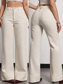 SHEIN Tall Women's Versatile Button Pocket Loose Fit Denim Jeans - Apricot - View 1
