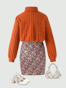 SHEIN Kids Tween Girl Knit Solid Color Stand Collar Patchwork Woven Floral Hem Casual Dress - Multicolor - View 4