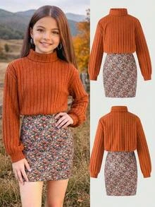 SHEIN Kids Tween Girl Knit Solid Color Stand Collar Patchwork Woven Floral Hem Casual Dress - Multicolor - View 2