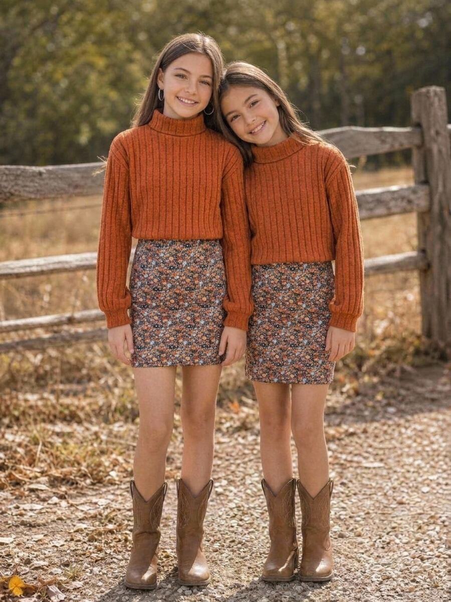 SHEIN Kids Tween Girl Knit Solid Color Stand Collar Patchwork Woven Floral Hem Casual Dress - Multicolor - View 1