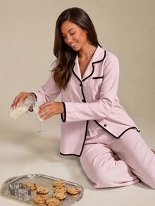 Athîral Women's Contrast Trim Lapel Loose Long Sleeve Pajama Set Light Pink Pajama Set Two Pieces Sleepwear Set Women Lounge Wear Sets, Fall & Winter Clothes - Pink - View 1