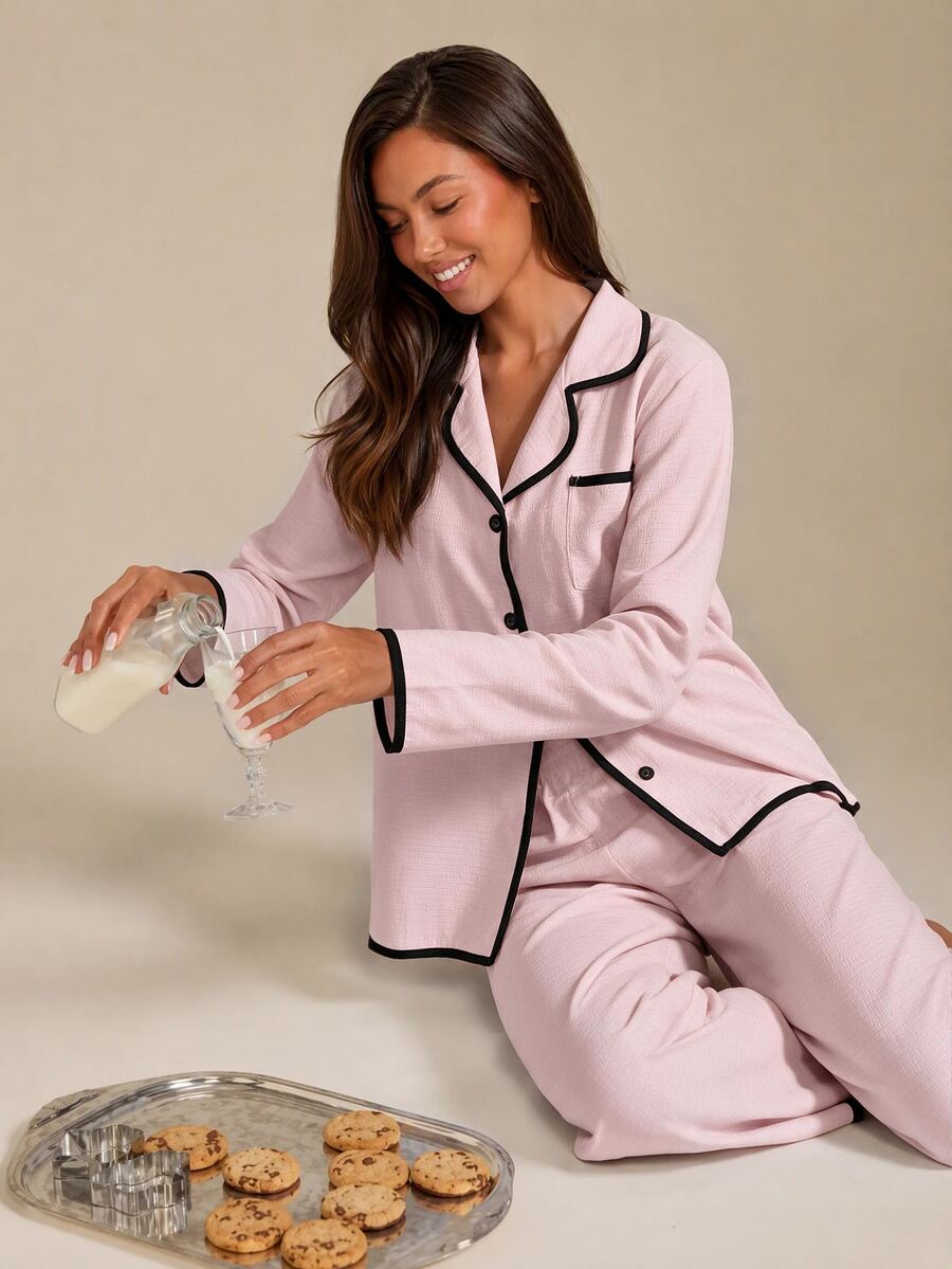 Athîral Women's Contrast Trim Lapel Loose Long Sleeve Pajama Set Light Pink Pajama Set Two Pieces Sleepwear Set Women Lounge Wear Sets, Fall & Winter Clothes - Pink - View 1