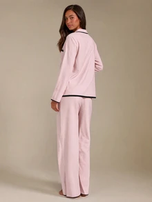 Athîral Women's Contrast Trim Lapel Loose Long Sleeve Pajama Set Light Pink Pajama Set Two Pieces Sleepwear Set Women Lounge Wear Sets, Fall & Winter Clothes - Pink - View 3