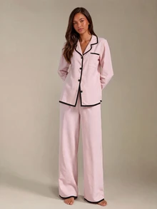 Athîral Women's Contrast Trim Lapel Loose Long Sleeve Pajama Set Light Pink Pajama Set Two Pieces Sleepwear Set Women Lounge Wear Sets, Fall & Winter Clothes - Pink - View 2