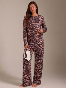 Athîral Multicolor Leopard Print Regular Fit Long Sleeve Top & Pants Pajama Set, Fall Winter Clothes Cozy And Elegant Details - Multicolor - View 4