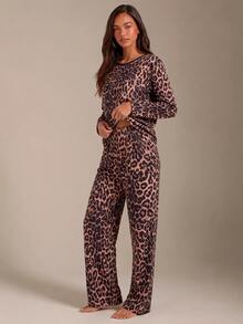 Athîral Multicolor Leopard Print Regular Fit Long Sleeve Top & Pants Pajama Set, Fall Winter Clothes Cozy And Elegant Details - Multicolor - View 5