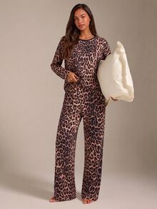 Athîral Multicolor Leopard Print Regular Fit Long Sleeve Top & Pants Pajama Set, Fall Winter Clothes Cozy And Elegant Details - Multicolor - View 1