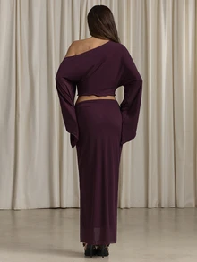 Aloruh Purple Knit Mesh Asymmetric Neckline Top And Skirt Set - Purple - View 2