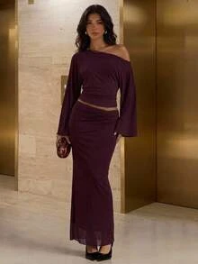 Aloruh Purple Knit Mesh Asymmetric Neckline Top And Skirt Set - Purple - View 4