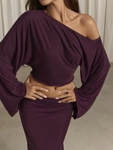 Aloruh Purple Knit Mesh Asymmetric Neckline Top And Skirt Set - Purple - View 8