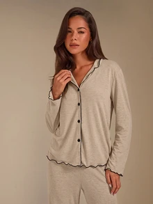 Athîral Lazeform Casual Loose Oversized Super Soft Draped Lightweight Summer Knit Khaki Fabric Women Ruffle Trim, Fall Winter Clothes - Khaki - View 1