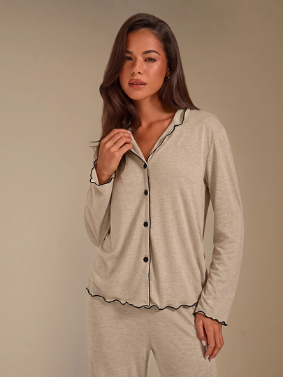 Athîral Lazeform Casual Loose Oversized Super Soft Draped Lightweight Summer Knit Khaki Fabric Women Ruffle Trim, Fall Winter Clothes